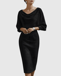 Elegant White Midi Dress with Draped Batwing Sleeves for Wedding Guests