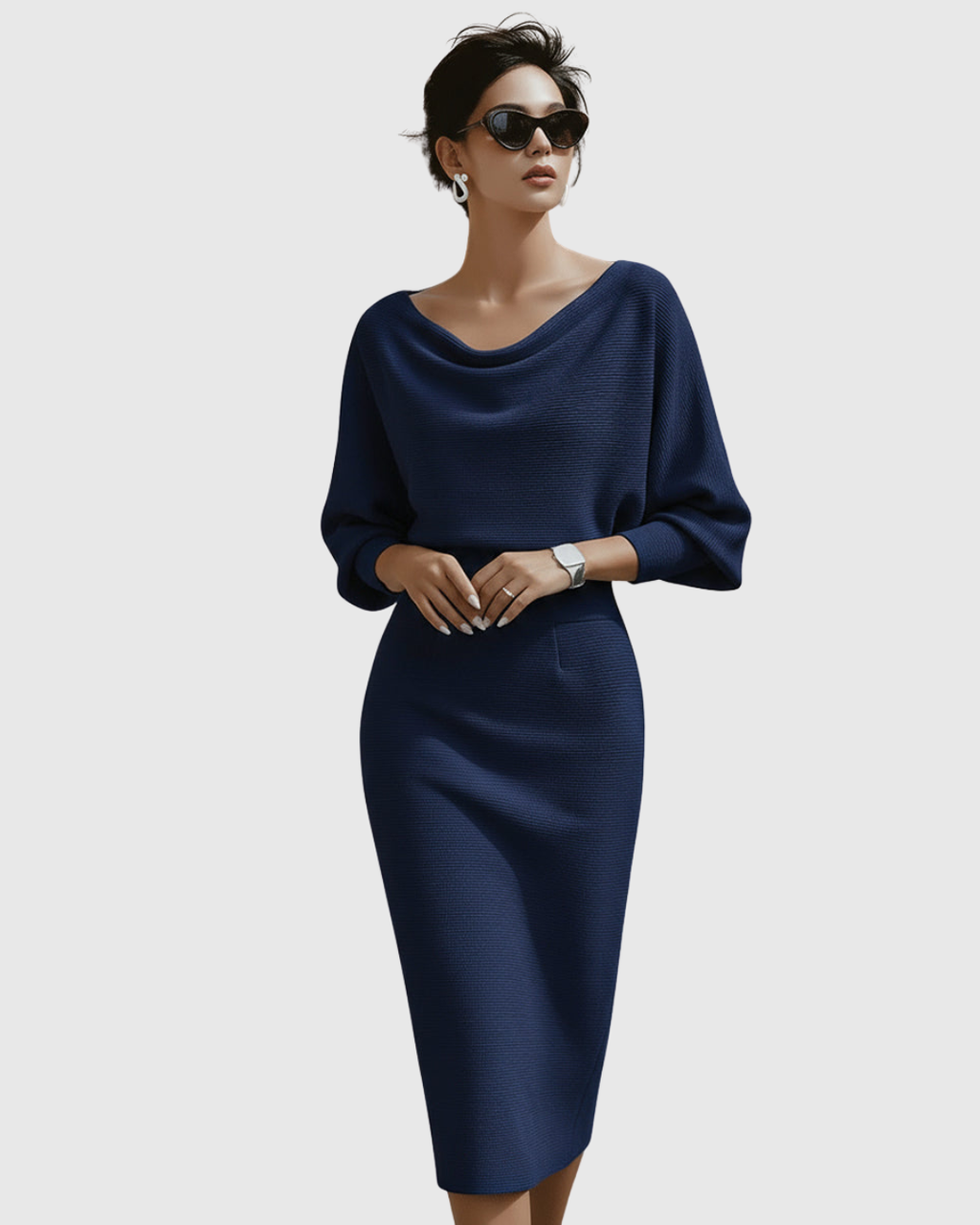 Elegant White Midi Dress with Draped Batwing Sleeves for Wedding Guests