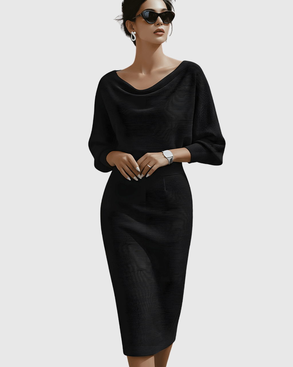 Elegant White Midi Dress with Draped Batwing Sleeves for Wedding Guests