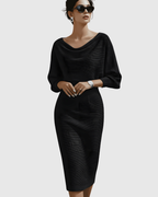 Elegant White Midi Dress with Draped Batwing Sleeves for Wedding Guests