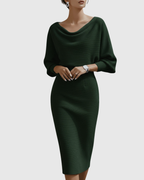 Elegant White Midi Dress with Draped Batwing Sleeves for Wedding Guests