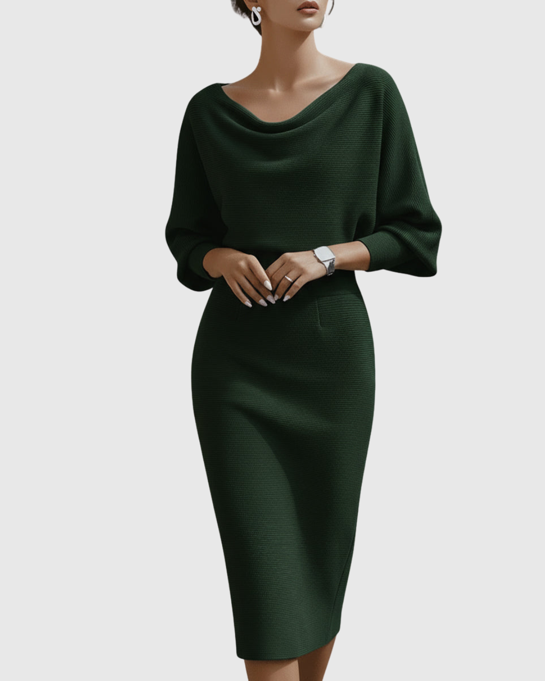 Elegant White Midi Dress with Draped Batwing Sleeves for Wedding Guests