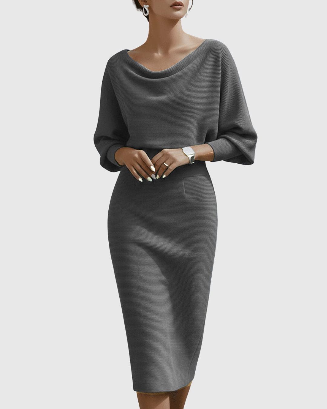 Elegant White Midi Dress with Draped Batwing Sleeves for Wedding Guests