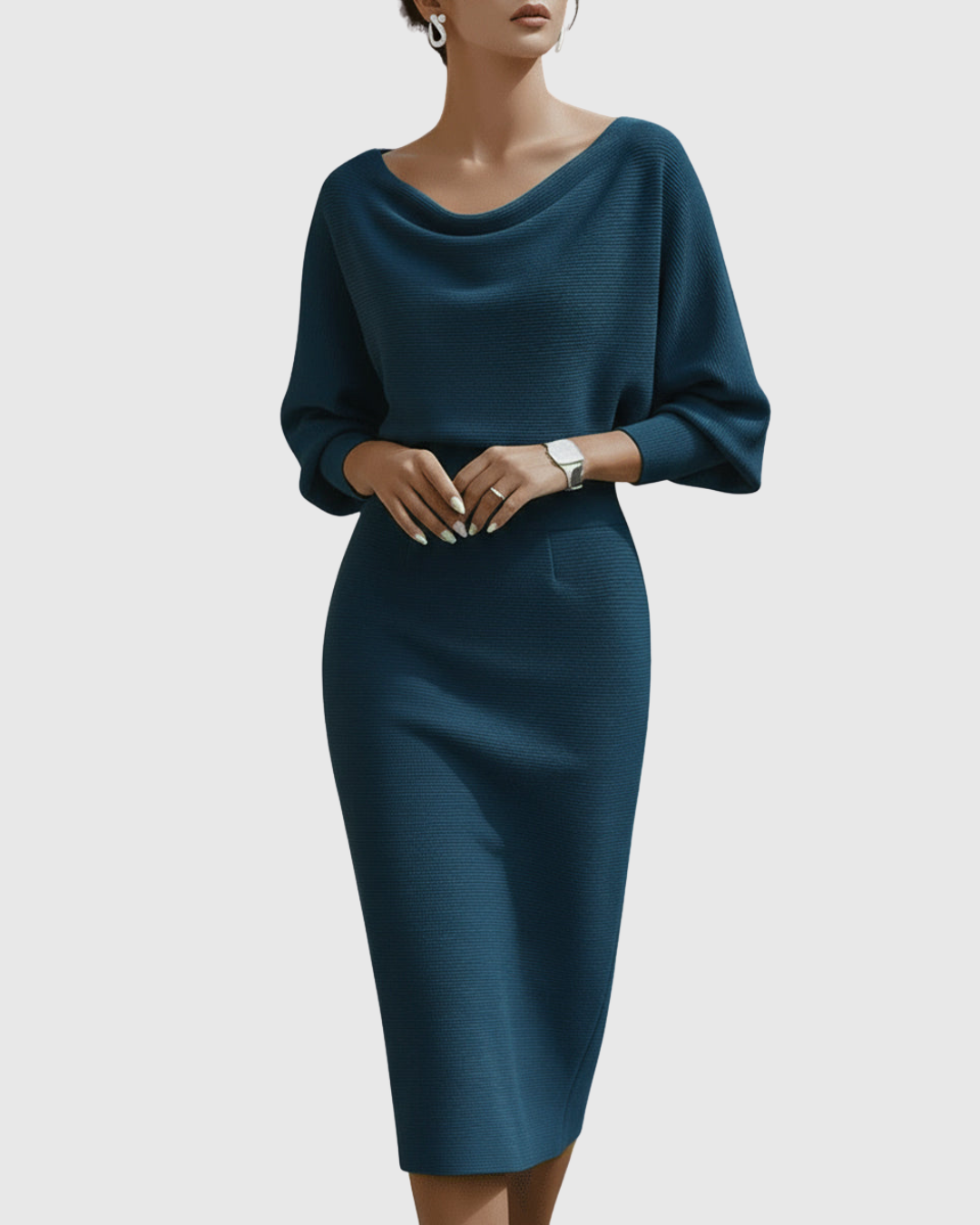 Elegant White Midi Dress with Draped Batwing Sleeves for Wedding Guests
