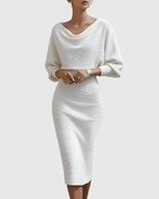 Elegant White Midi Dress with Draped Batwing Sleeves for Wedding Guests
