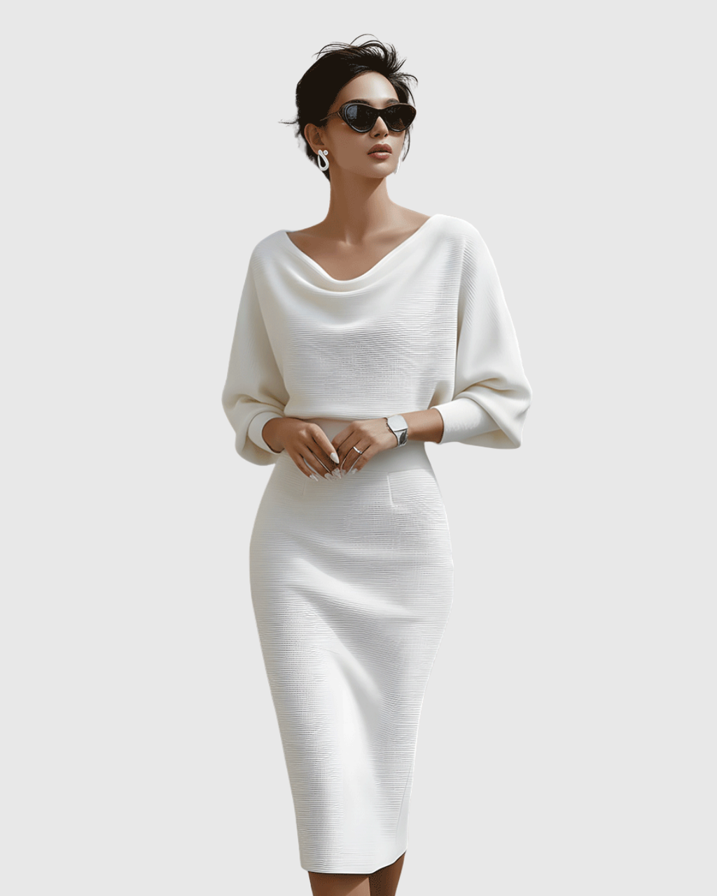 Elegant White Midi Dress with Draped Batwing Sleeves for Wedding Guests