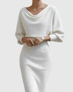 Elegant White Midi Dress with Draped Batwing Sleeves for Wedding Guests