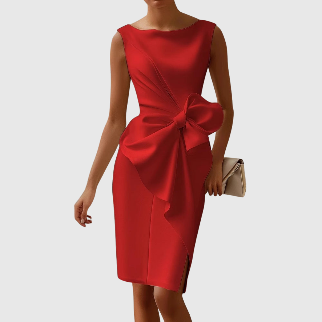 Elegant White Midi Dress with Sculpted Bow Detail for Effortless Style