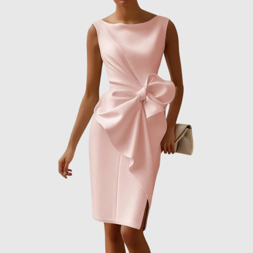 Elegant White Midi Dress with Sculpted Bow Detail for Effortless Style