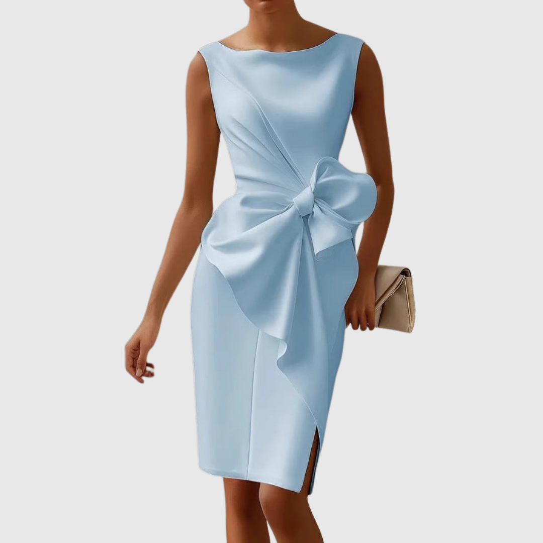 Elegant White Midi Dress with Sculpted Bow Detail for Effortless Style