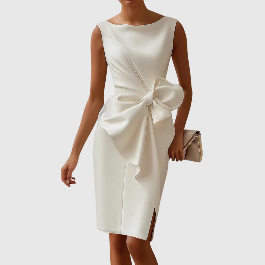 Elegant White Midi Dress with Sculpted Bow Detail for Effortless Style