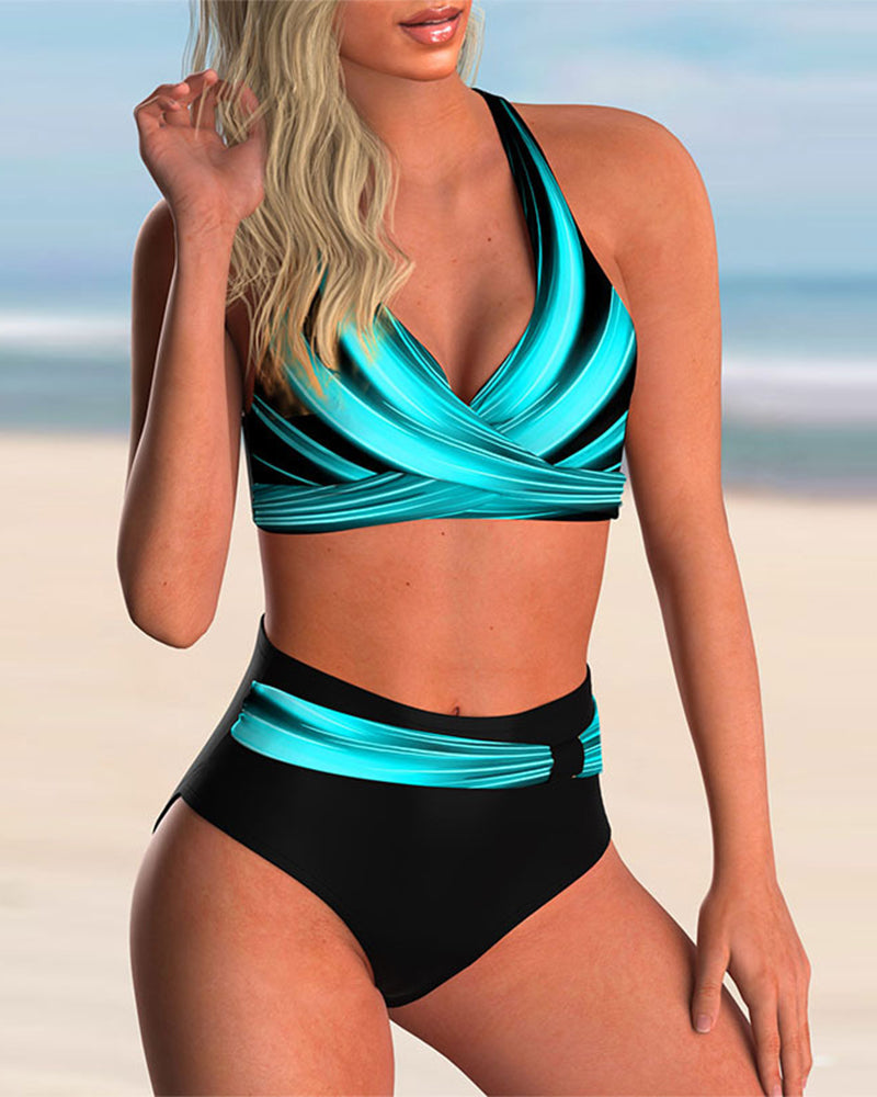 Elegant Women’s Bikini Set with Cross Neckline & Artistic Print for Summer Style