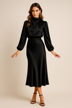 Elegant Women's Dress | High Waist Midi Design with Cotton Blend Fabric for Effortless Style