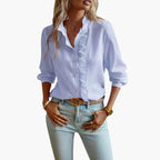Elegant Women's Ruffle Front Blouse with Long Sleeves | Stylish Woven Top for Versatile Outfits