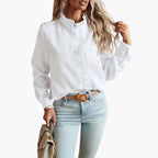 Elegant Women's Ruffle Front Blouse with Long Sleeves | Stylish Woven Top for Versatile Outfits