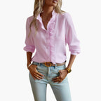 Elegant Women's Ruffle Front Blouse with Long Sleeves | Stylish Woven Top for Versatile Outfits