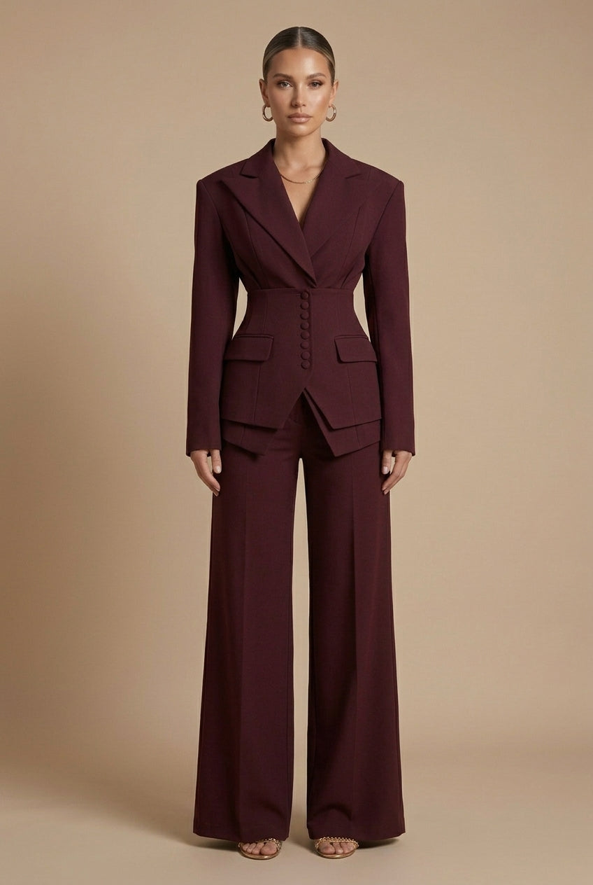 Elegant Women's Suit | Tailored Pant Suit with Peaked Lapel & Wide-Leg Trousers for Versatile Styling