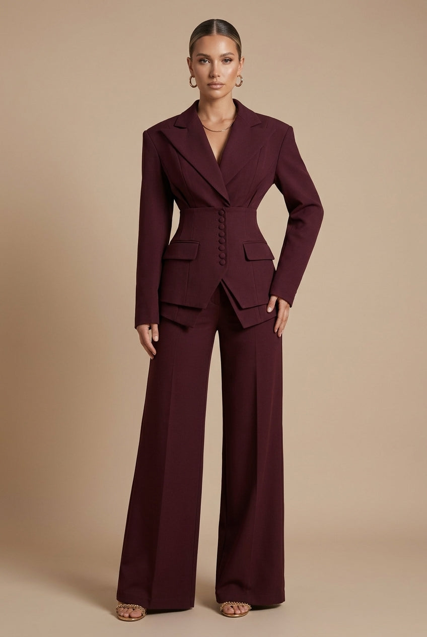 Elegant Women's Suit | Tailored Pant Suit with Peaked Lapel & Wide-Leg Trousers for Versatile Styling