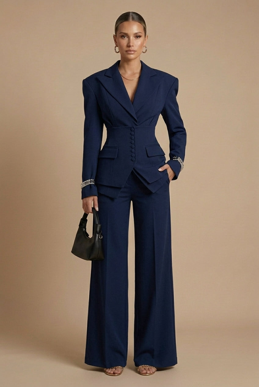 Elegant Women's Suit | Tailored Pant Suit with Peaked Lapel & Wide-Leg Trousers for Versatile Styling