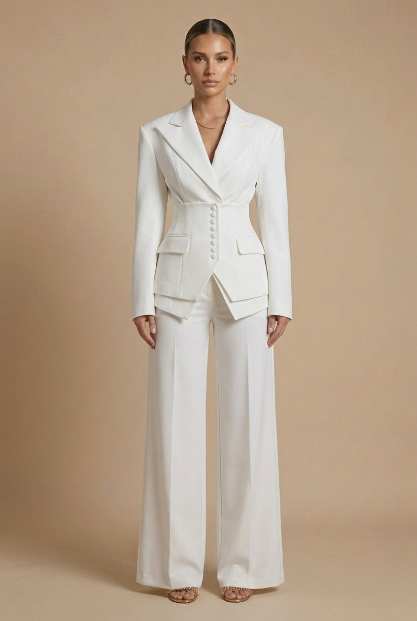 Elegant Women's Suit | Tailored Pant Suit with Peaked Lapel & Wide-Leg Trousers for Versatile Styling