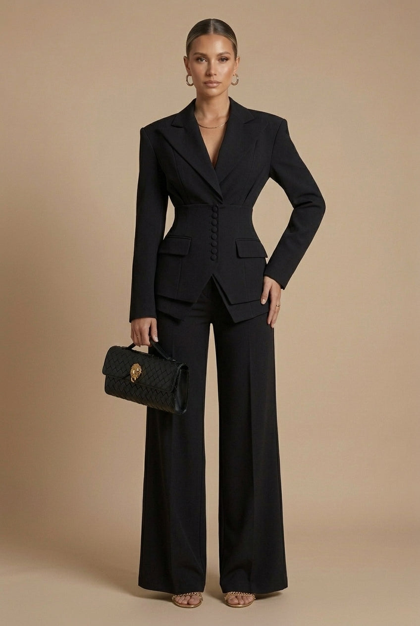 Elegant Women's Suit | Tailored Pant Suit with Peaked Lapel & Wide-Leg Trousers for Versatile Styling