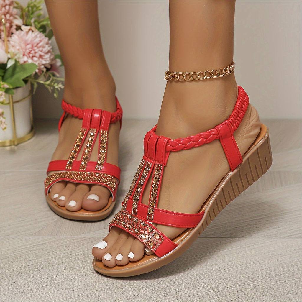 Elegant Woven Women's Sandals with Rhinestone Accents | Comfortable Summer Footwear for Stylish Outings