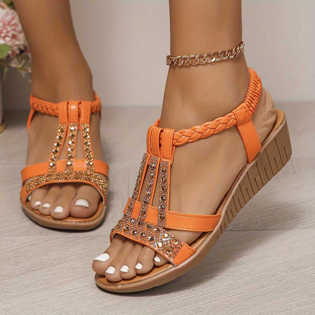 Elegant Woven Women's Sandals with Rhinestone Accents | Comfortable Summer Footwear for Stylish Outings