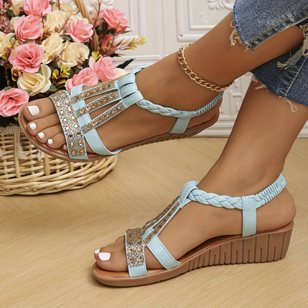 Elegant Woven Women's Sandals with Rhinestone Accents | Comfortable Summer Footwear for Stylish Outings