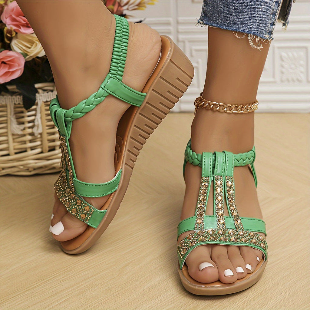 Elegant Woven Women's Sandals with Rhinestone Accents | Comfortable Summer Footwear for Stylish Outings