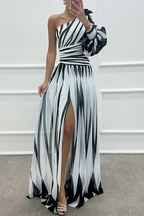 Elegant | One Shoulder Maxi Dress with Flattering Striped Pattern | Stylish Long Dress for Effortless Elegance