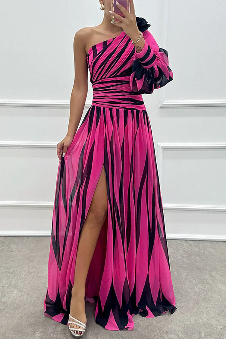 Elegant | One Shoulder Maxi Dress with Flattering Striped Pattern | Stylish Long Dress for Effortless Elegance