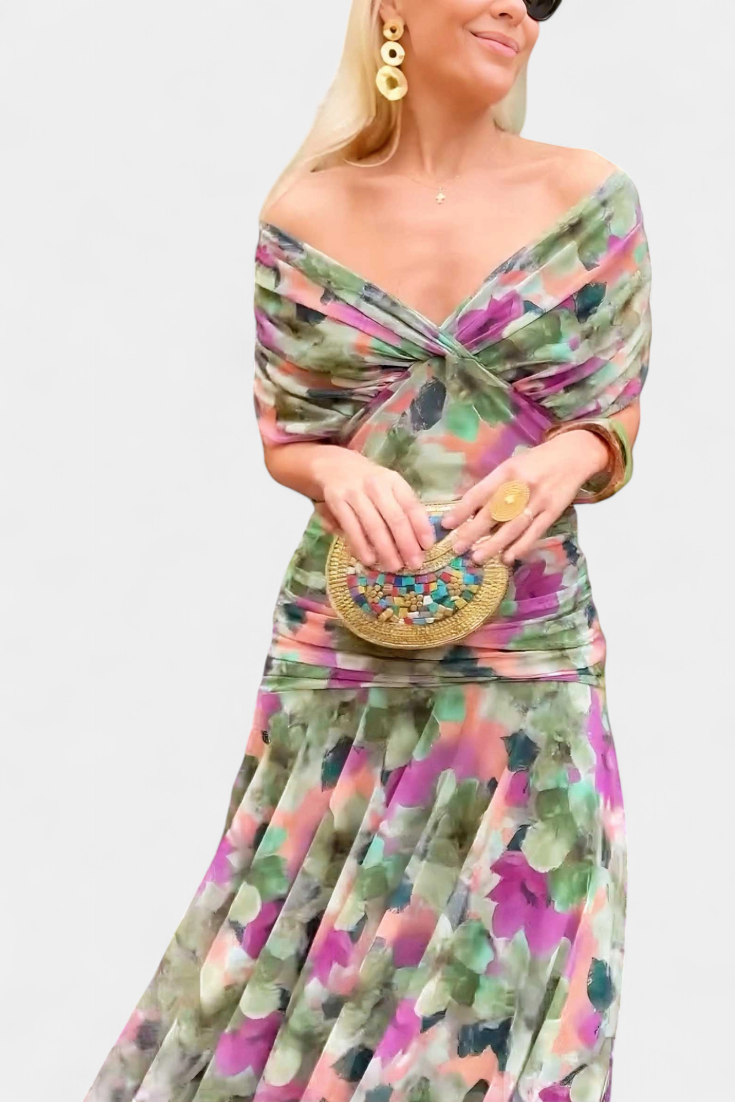 Eryzziah | Women's Floral Dress with V-Neckline & Pleated Waist | Elegant Summer Style for Wedding Guests