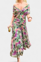 Eryzziah | Women's Floral Dress with V-Neckline & Pleated Waist | Elegant Summer Style for Wedding Guests