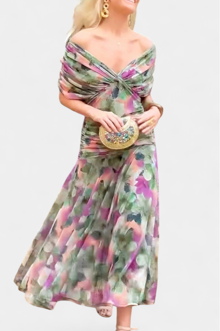 Eryzziah | Women's Floral Dress with V-Neckline & Pleated Waist | Elegant Summer Style for Wedding Guests