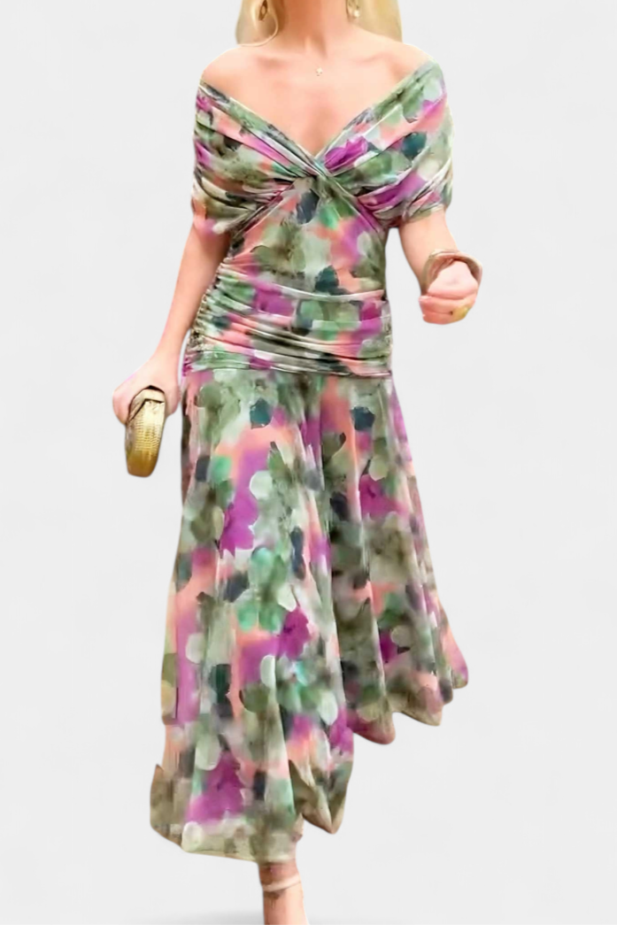 Eryzziah | Women's Floral Wedding Guest Dress with V-Neckline & Pleated Waist | Flattering Fit for Summer Events