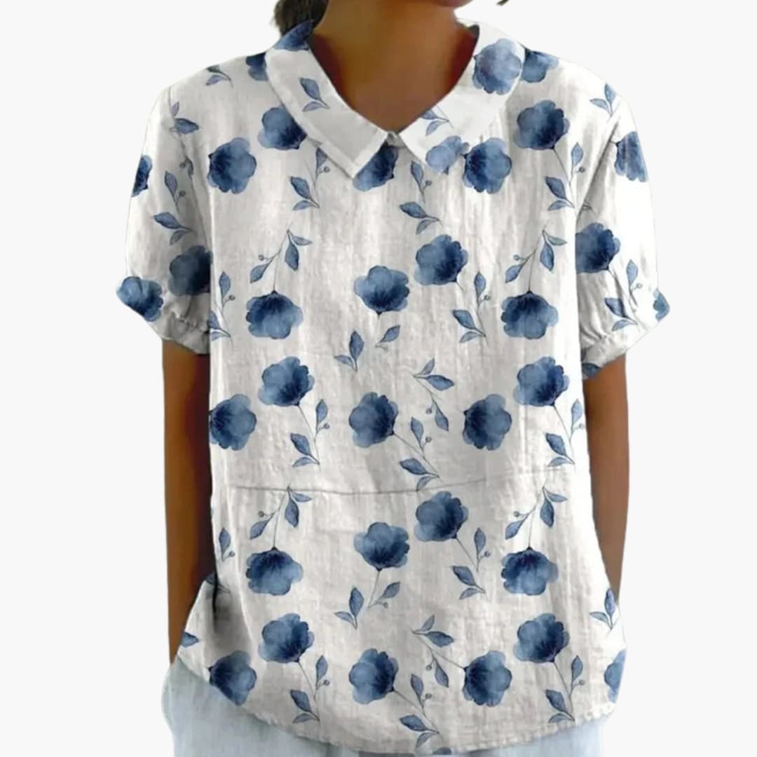 Floral Print Blouse | Women's Short Sleeve Crew Neck Top with Woven Blend Fabric | Stylish Everyday Wear