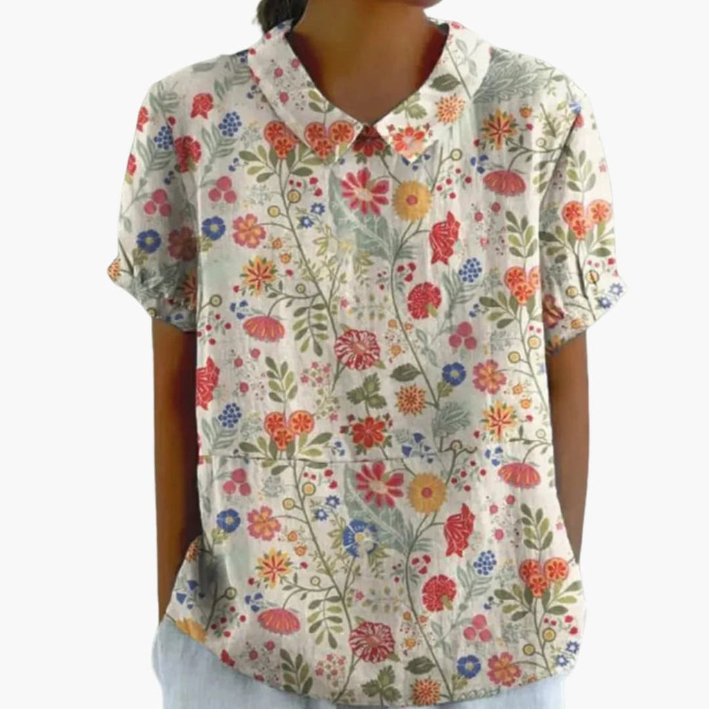 Floral Print Blouse | Women's Short Sleeve Crew Neck Top with Woven Blend Fabric | Stylish Everyday Wear