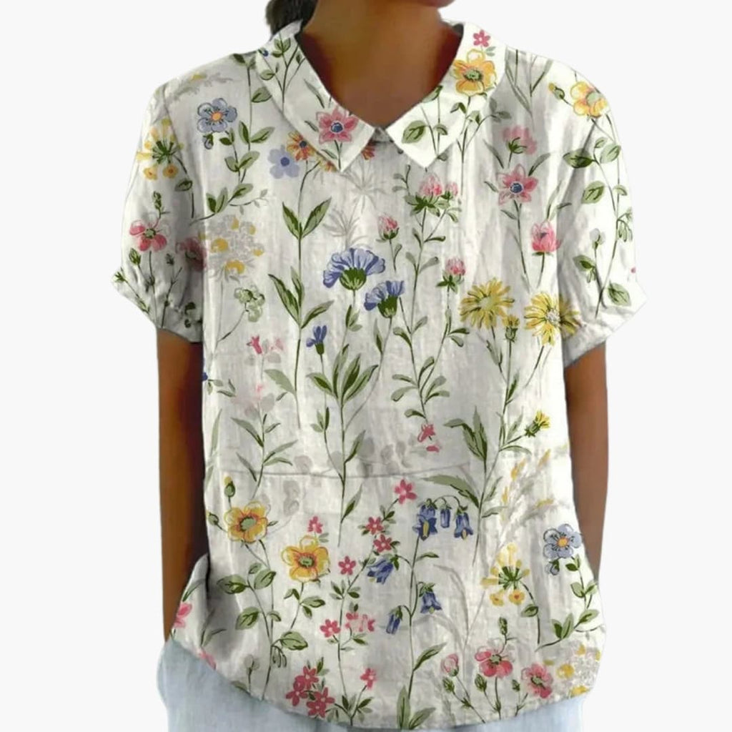 Floral Print Blouse | Women's Short Sleeve Crew Neck Top with Woven Blend Fabric | Stylish Everyday Wear