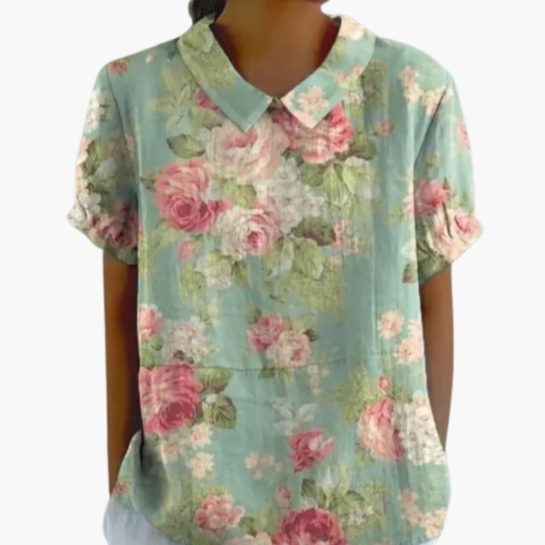 Floral Print Blouse | Women's Short Sleeve Crew Neck Top with Woven Blend Fabric | Stylish Everyday Wear