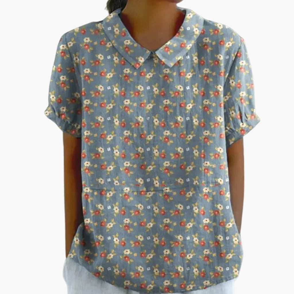 Floral Print Blouse | Women's Short Sleeve Crew Neck Top with Woven Blend Fabric | Stylish Everyday Wear
