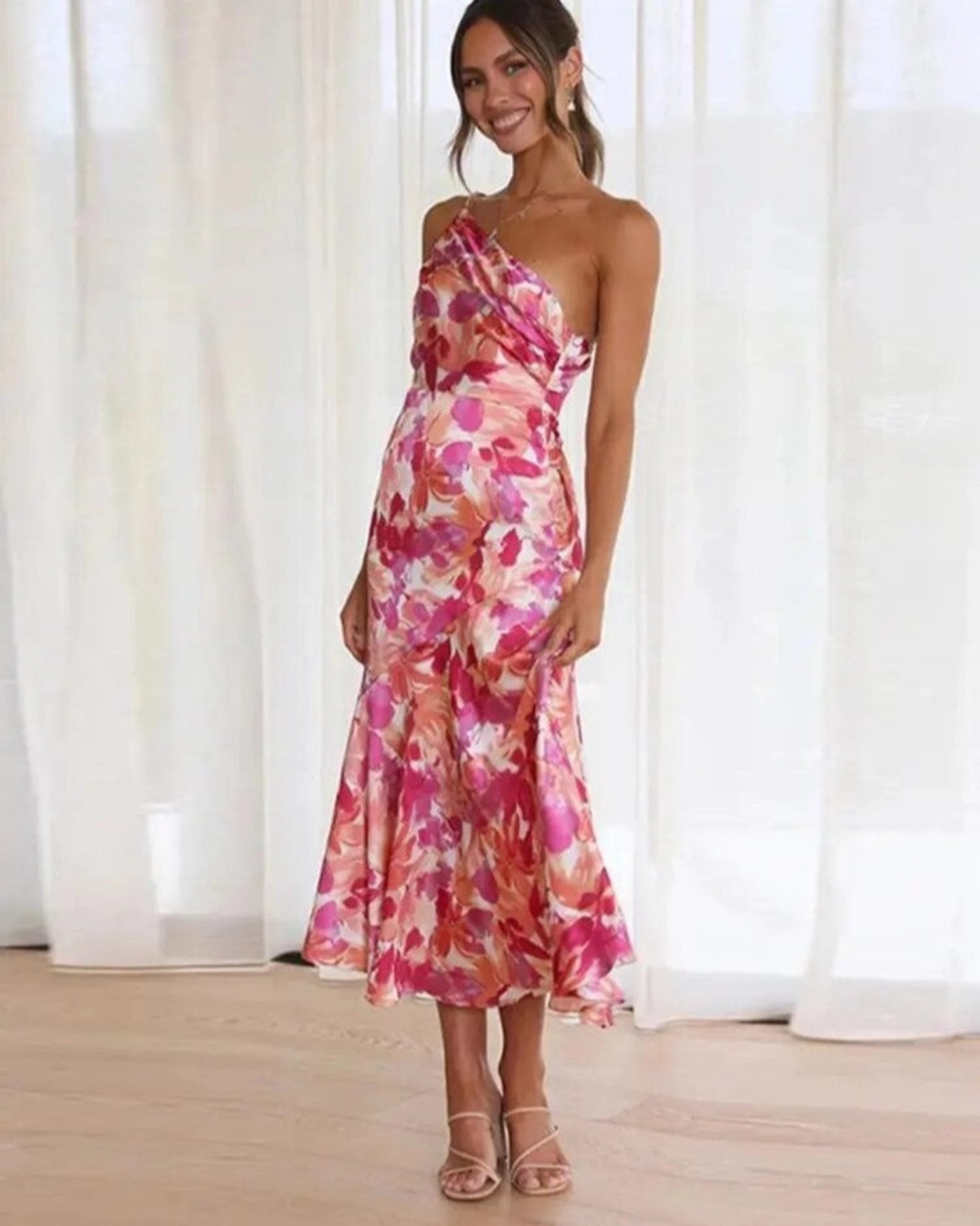 Genevieve Collection | Women's Floral Midi Dress with Asymmetric Design | Elegant Style for Special Occasions