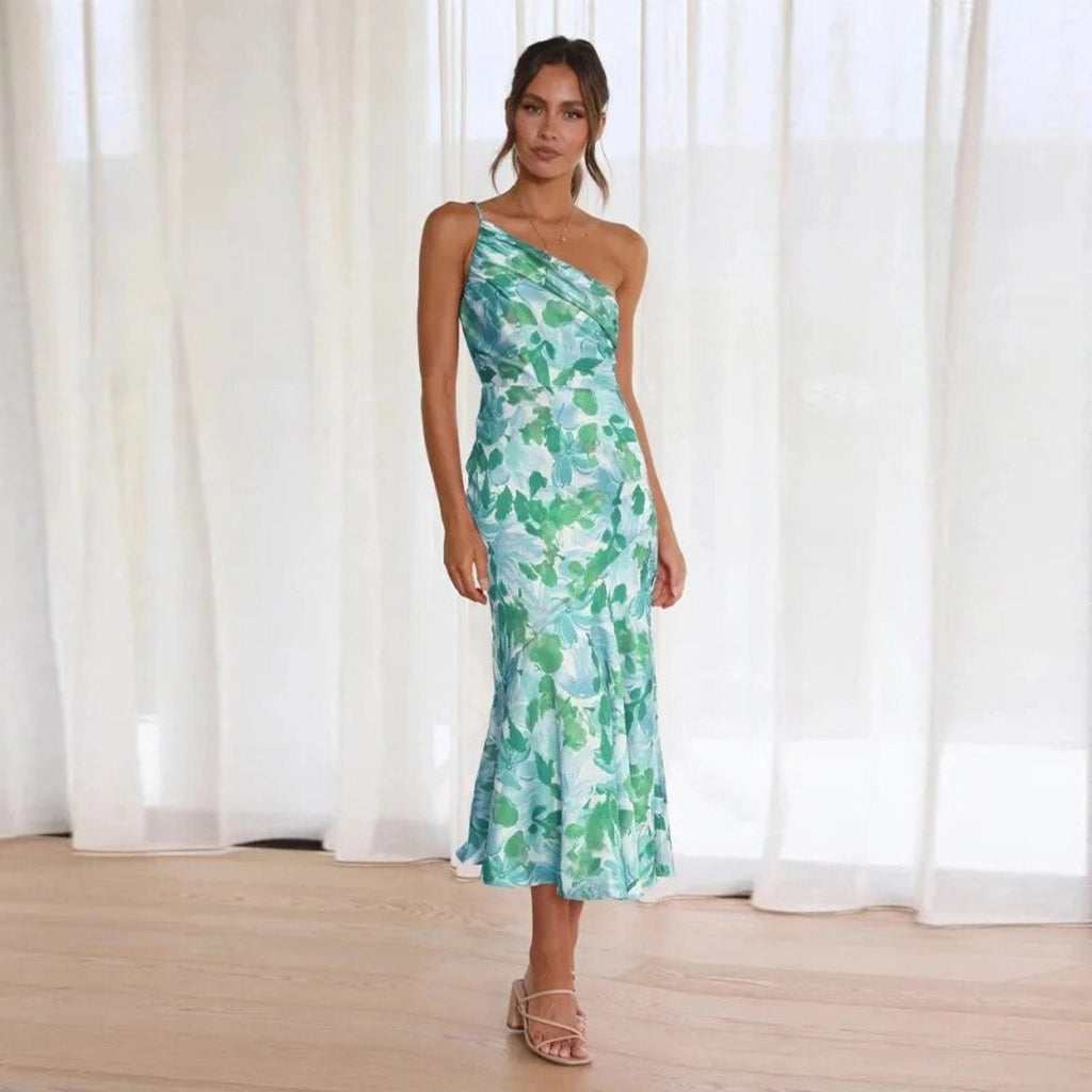 Genevieve Collection | Women's Floral Midi Dress with Asymmetric Design | Elegant Style for Special Occasions