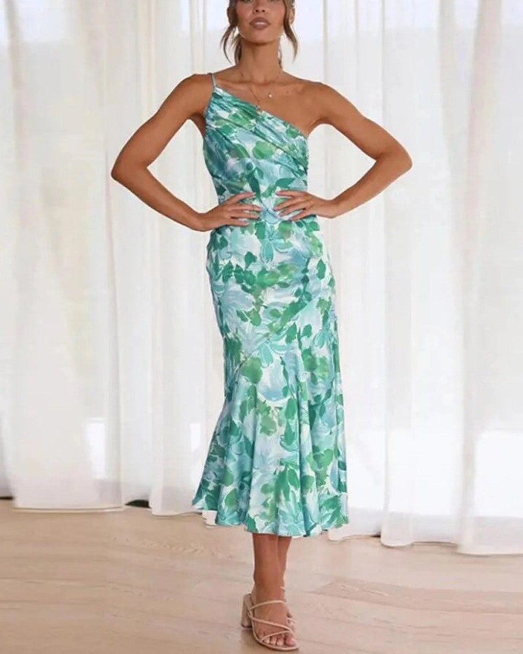 Genevieve Collection | Women's Floral Midi Dress with Asymmetric Design | Elegant Style for Special Occasions