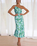 Genevieve Collection | Women's Floral Midi Dress with Asymmetric Design | Elegant Style for Special Occasions