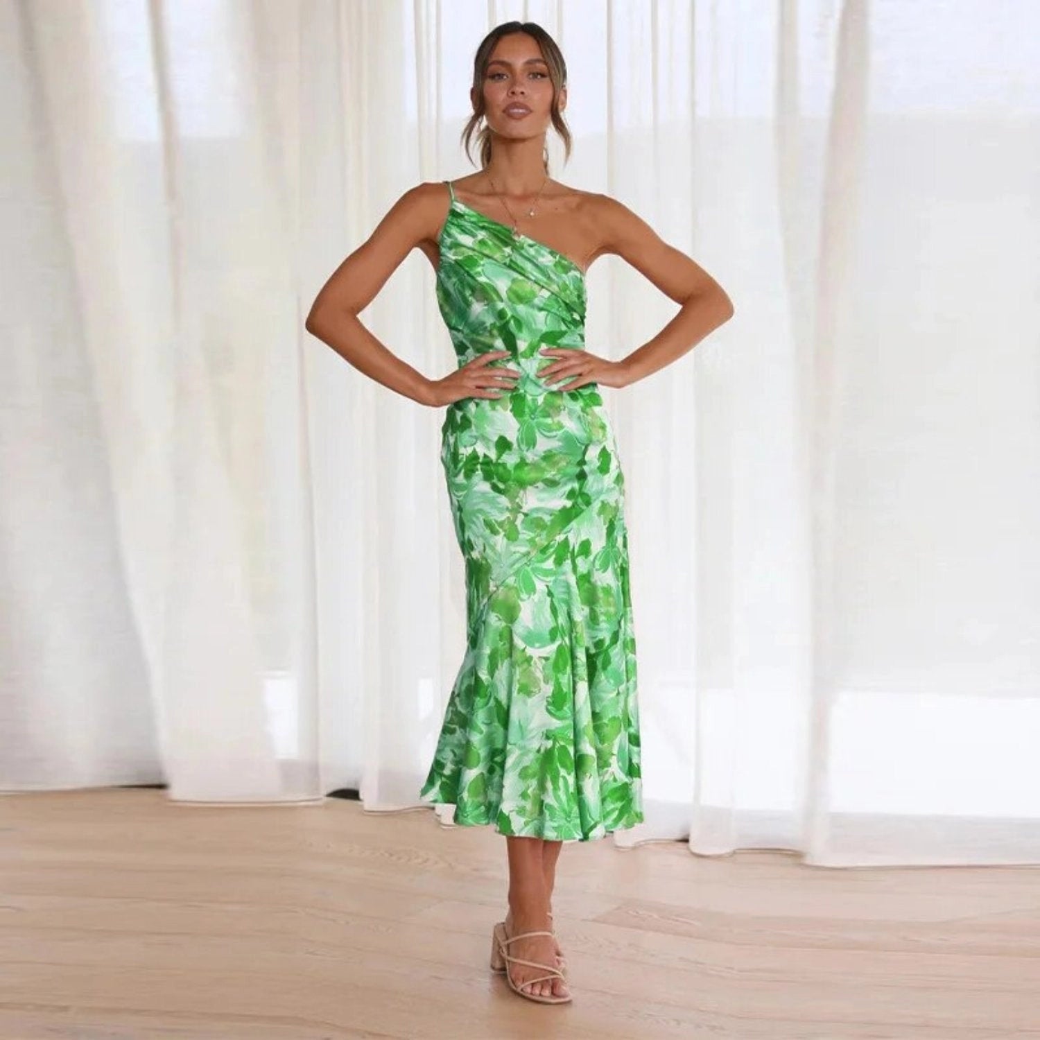 Genevieve Collection | Women's Floral Midi Dress with Asymmetric Design | Elegant Style for Special Occasions