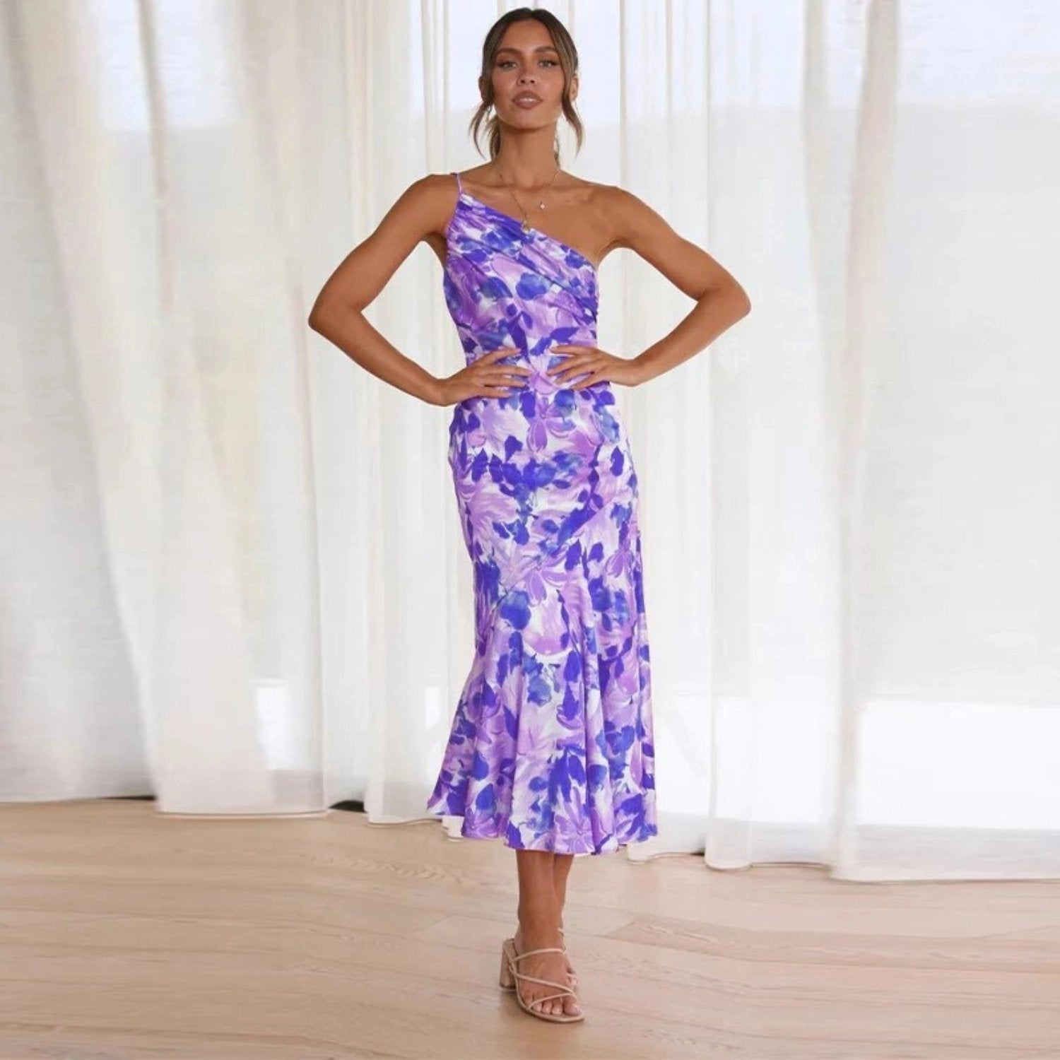 Genevieve Collection | Women's Floral Midi Dress with Asymmetric Design | Elegant Style for Special Occasions