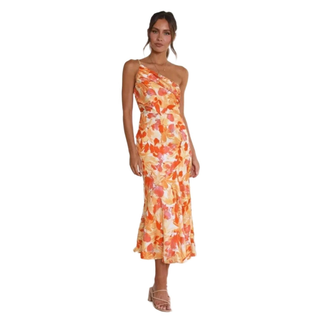 Genevieve Collection | Women's Floral Midi Dress with Asymmetric Design | Elegant Style for Special Occasions