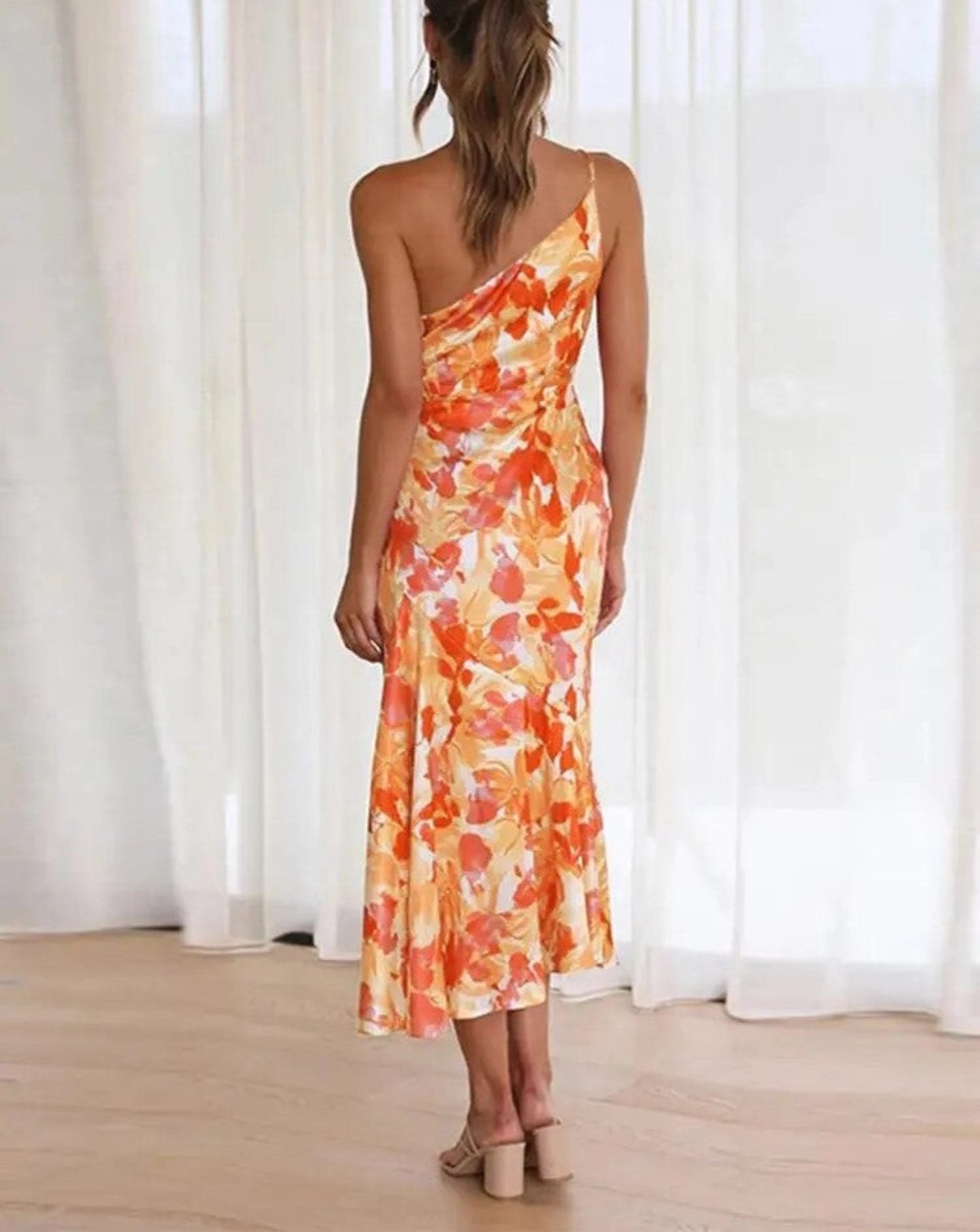 Genevieve Collection | Women's Floral Midi Dress with Asymmetric Design | Elegant Style for Special Occasions