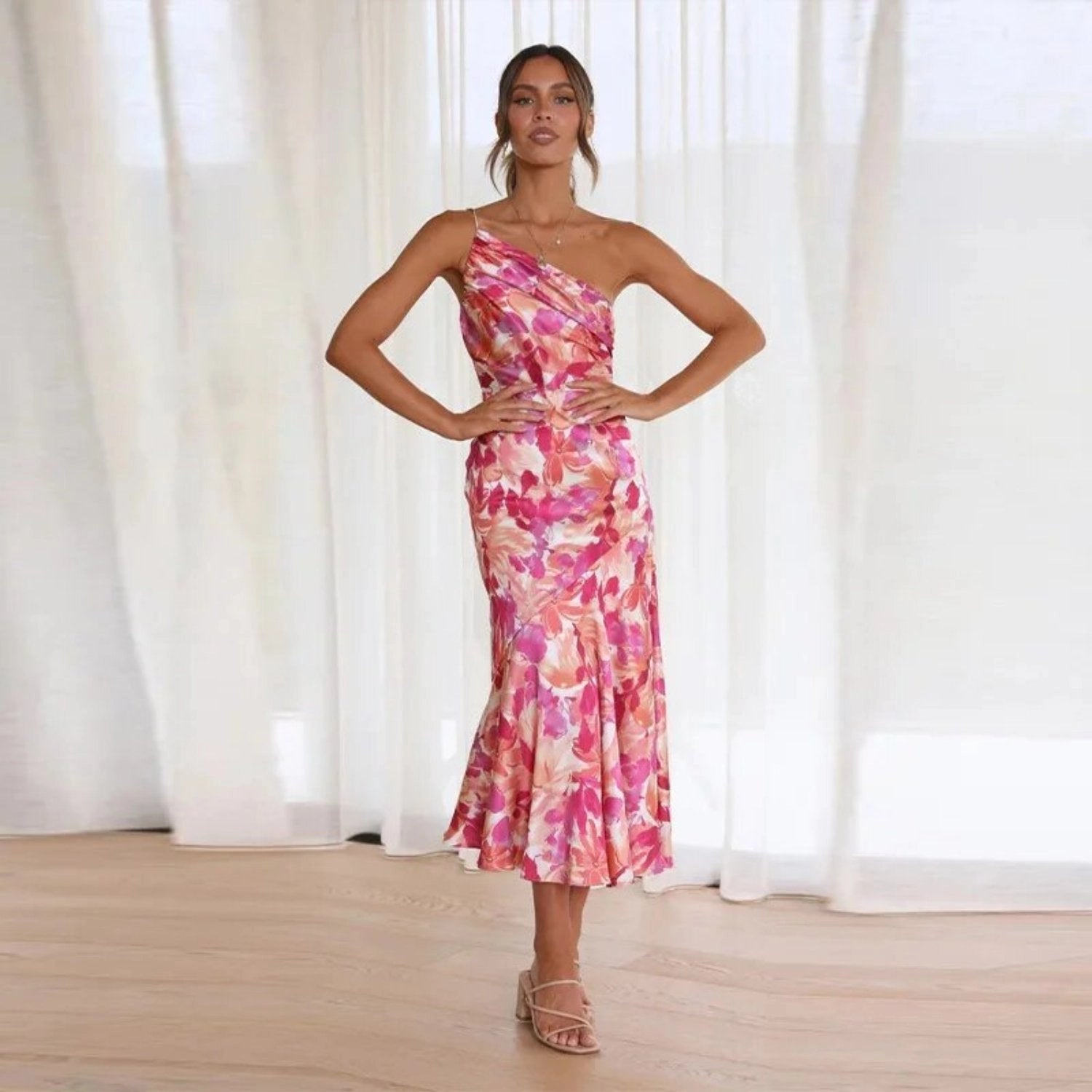 Genevieve Collection | Women's Floral Midi Dress with Asymmetric Design | Elegant Style for Special Occasions