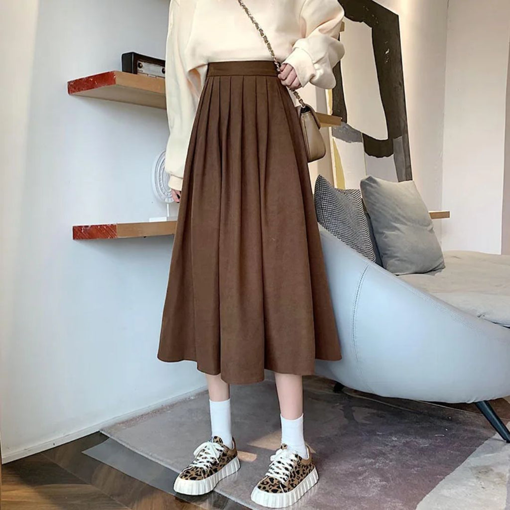 High-Waisted Pleated Midi Skirt for Women in A-Line Style - Versatile Wardrobe Essential 0